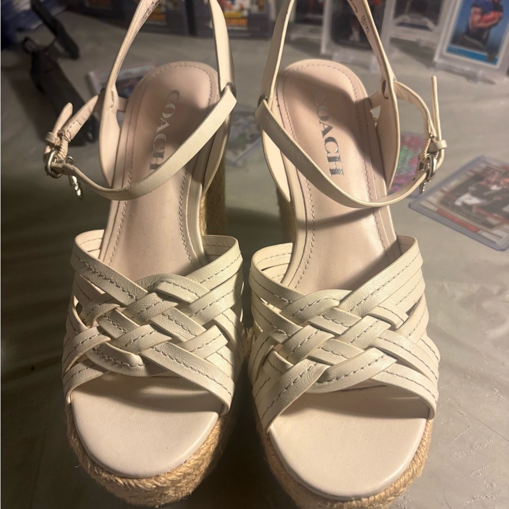 Coach Women's Woven Cream Wedges